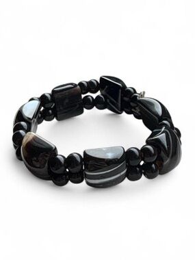 Vintage Y2K Banded Black Agate Double Strand Bracelet // Striped Onyx Stretch